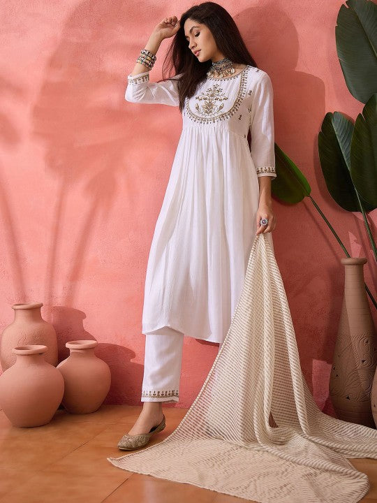 White Floral Embroidered Silk Blend A-Line Kurta With Trousers And Dupatta-1