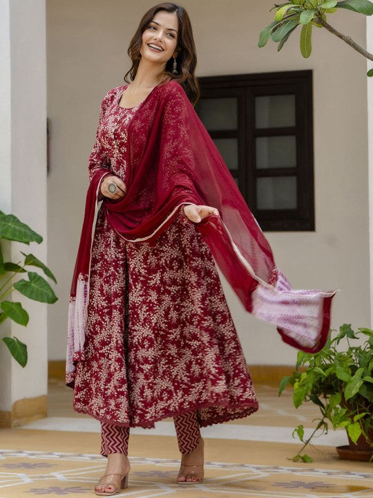 Red Floral Printed Empire Pure Cotton Anarkali Kurta With Pyjamas & Dupatta-1