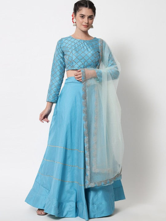 Navy Blue Embroidered Semi-Stitched Lehenga & Unstitched Blouse with Dupatta-12