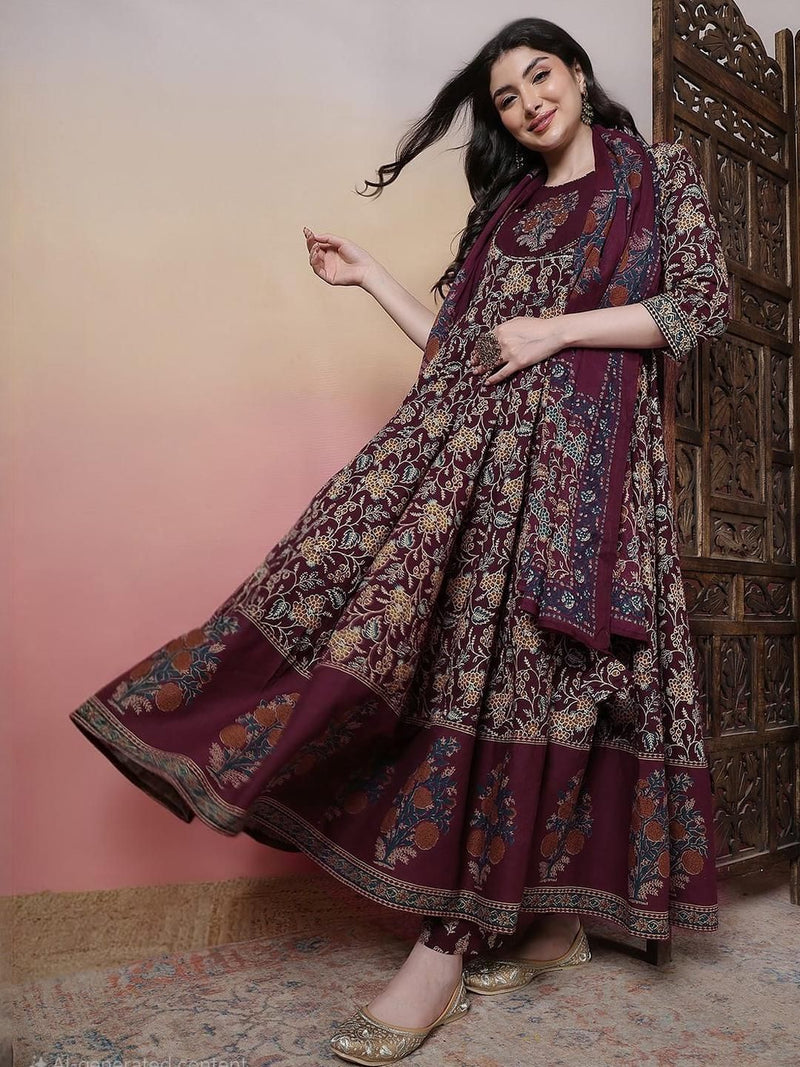Women Burgundy Pure Cotton Kurta Sets-2