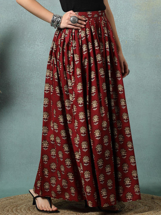 Floral Printed Cotton Flared Maxi Skirt-2