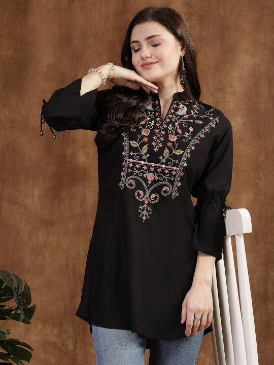 Viscose Rayon Mandarin Collar Embroidered Tunic-3