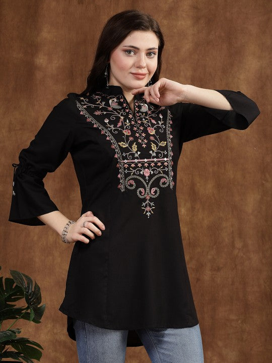 Viscose Rayon Mandarin Collar Embroidered Tunic-1