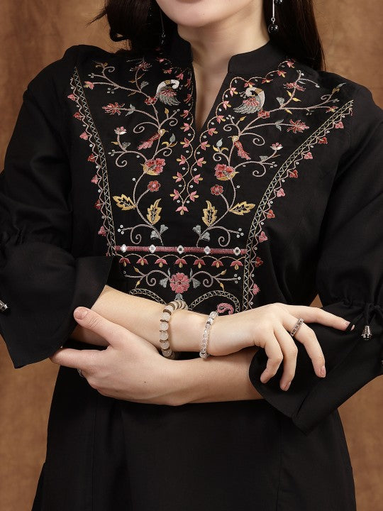 Viscose Rayon Mandarin Collar Embroidered Tunic-5