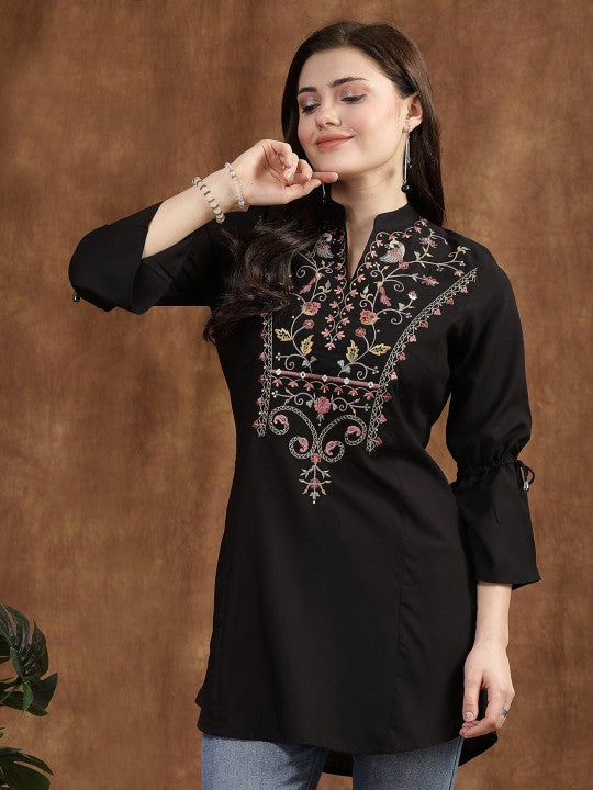 Viscose Rayon Mandarin Collar Embroidered Tunic