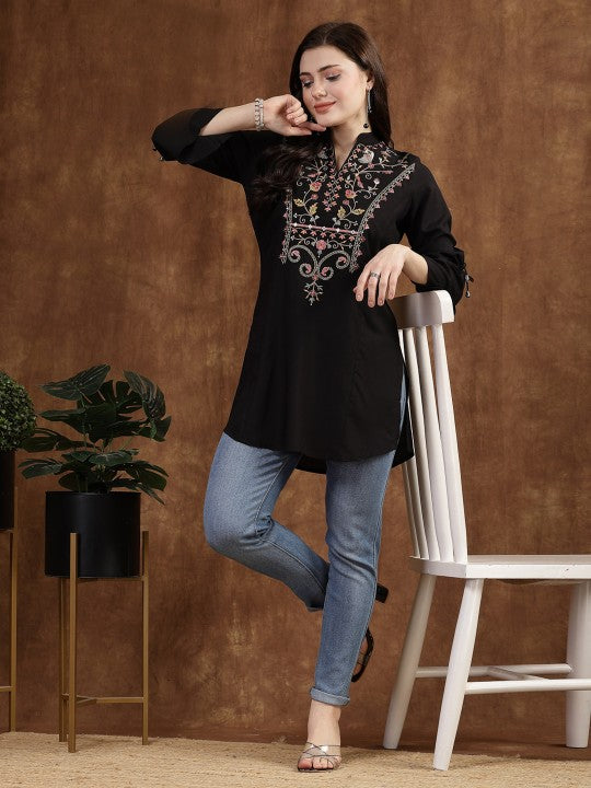 Viscose Rayon Mandarin Collar Embroidered Tunic-7