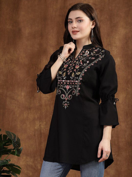 Viscose Rayon Mandarin Collar Embroidered Tunic-4