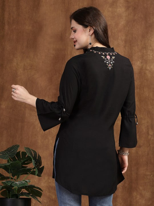 Viscose Rayon Mandarin Collar Embroidered Tunic-2