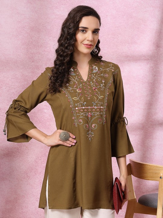 Viscose Rayon Mandarin Collar Embroidered Tunic-8