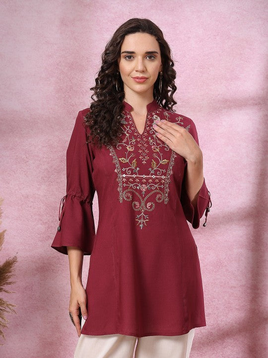 Viscose Rayon Mandarin Collar Embroidered Tunic