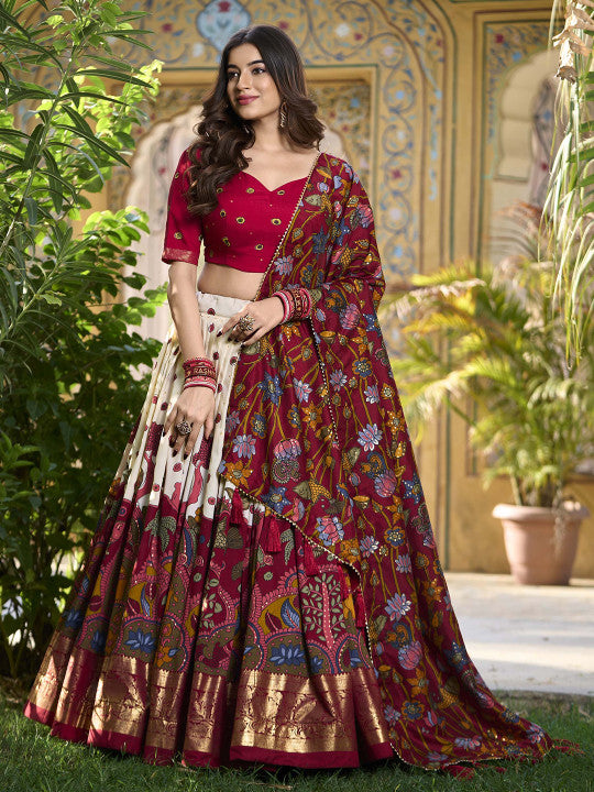 Printed Kalamkari Ready to Wear Lehenga & Unstitched Blouse With Dupatta-8