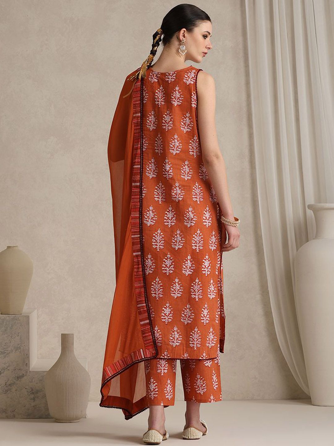 Ethnic Motifs Printed Regular Pure Cotton Straight Kurta with Palazzos & Dupatta-8