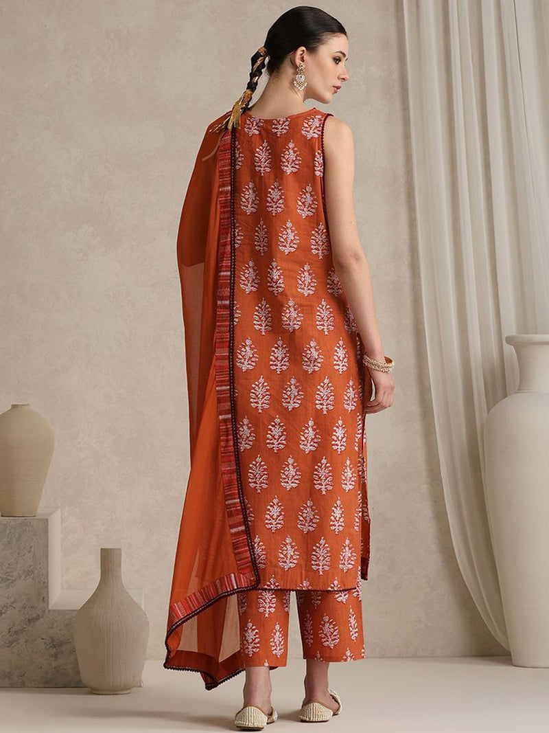 Ethnic Motifs Printed Regular Pure Cotton Straight Kurta with Palazzos & Dupatta-8