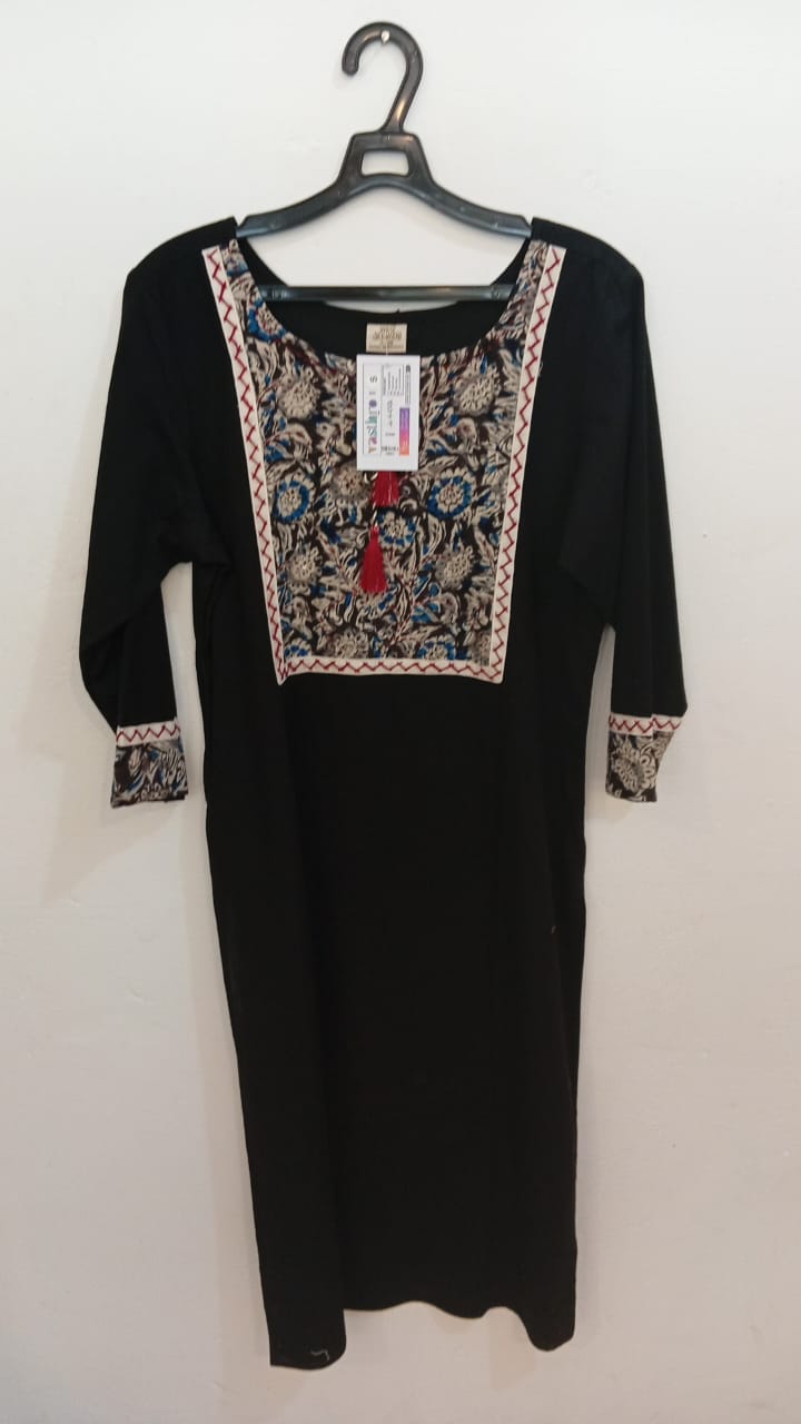 Charcoal Black Cotton Kurta with Floral Block-Print Panel-3
