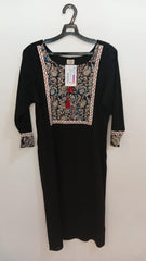 Charcoal Black Cotton Kurta with Floral Block-Print Panel