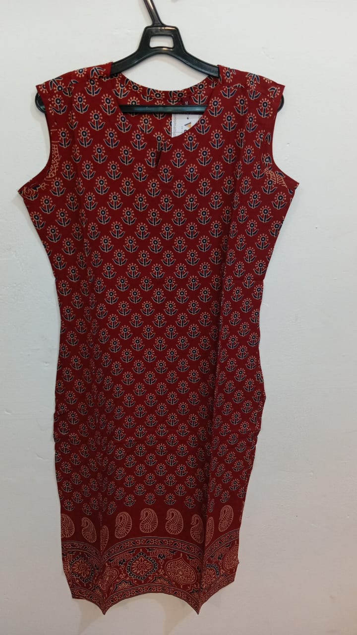 Rust Red Cotton Block Print Straight Kurta-3