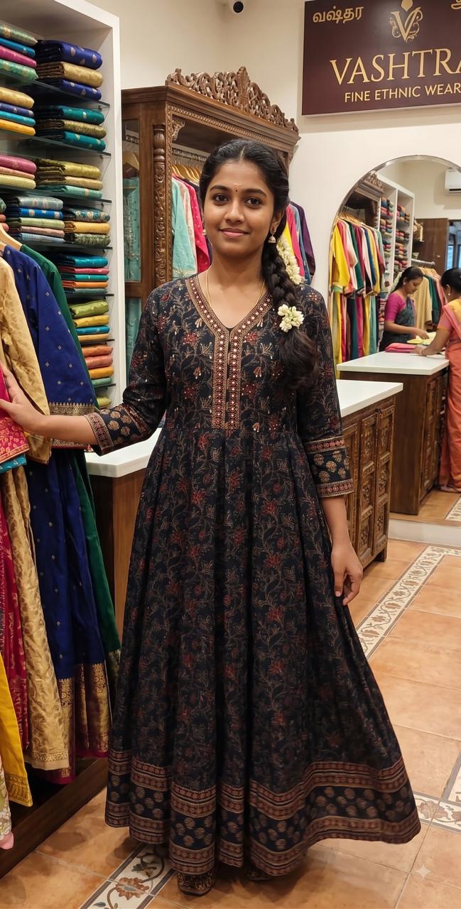 Navy Blue Floral Printed Ethnic Anarkali Gown with Embroidered V-Neck-1