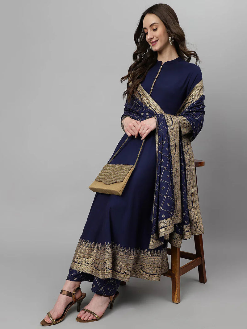 Women Blue Ethnic Motifs Empire Kurta with Trousers & Dupatta Vasthro