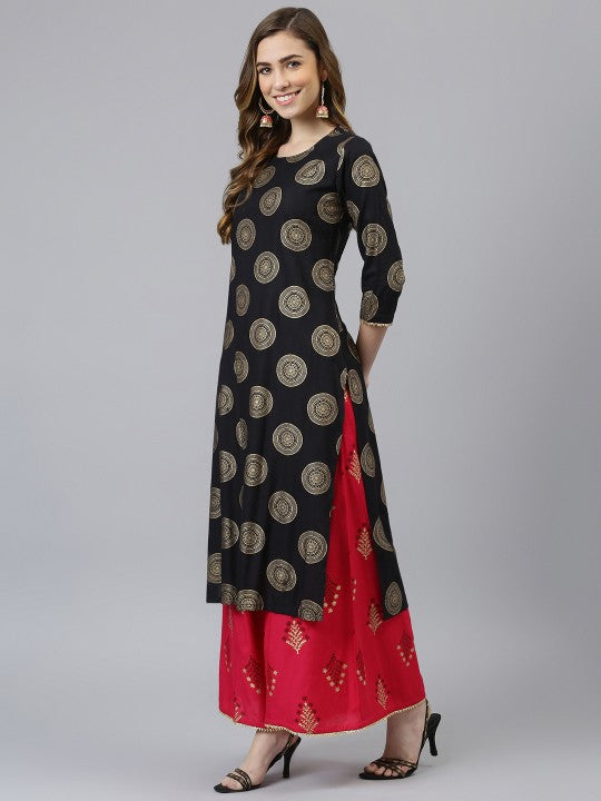 Women Black & Gold-Toned Printed Kurta with Palazzos-3