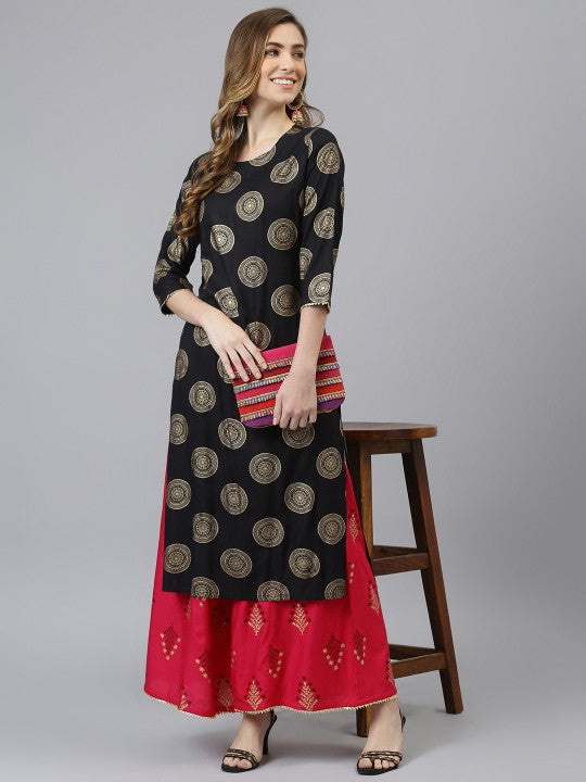 Women Black & Gold-Toned Printed Kurta with Palazzos-4