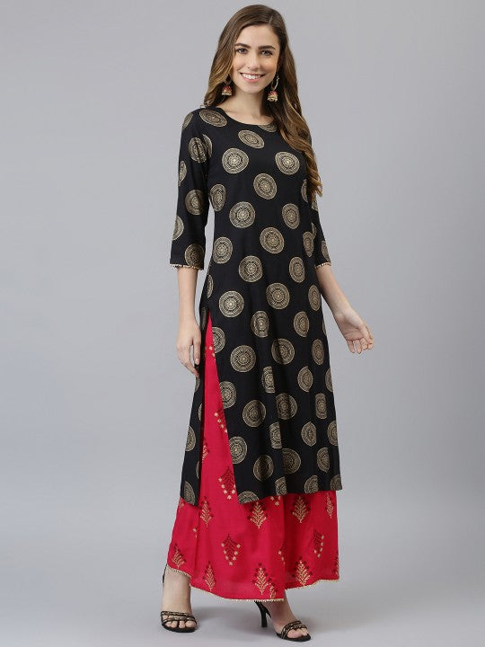 Women Black & Gold-Toned Printed Kurta with Palazzos-5
