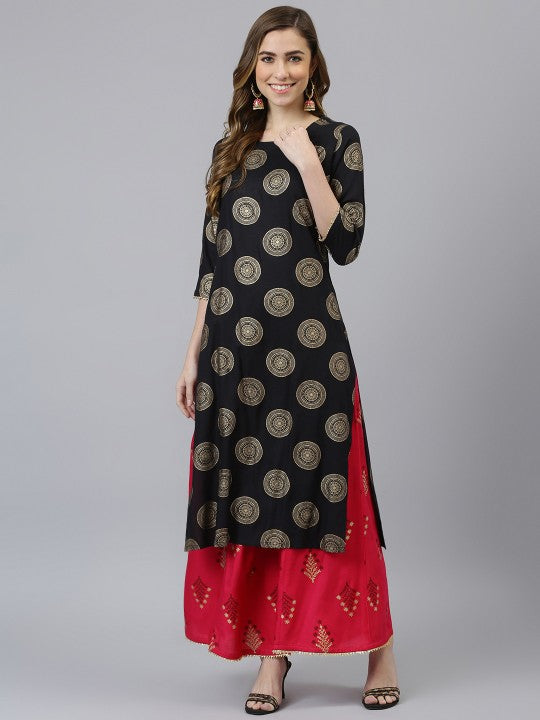 Women Black & Gold-Toned Printed Kurta with Palazzos-1