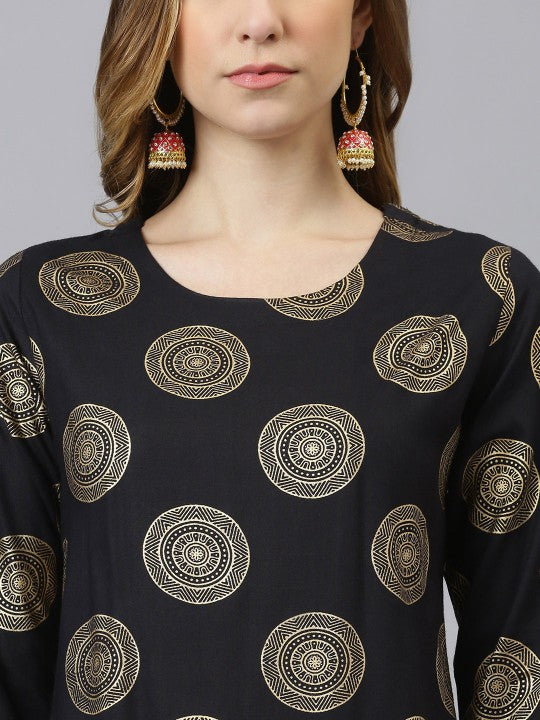 Women Black & Gold-Toned Printed Kurta with Palazzos