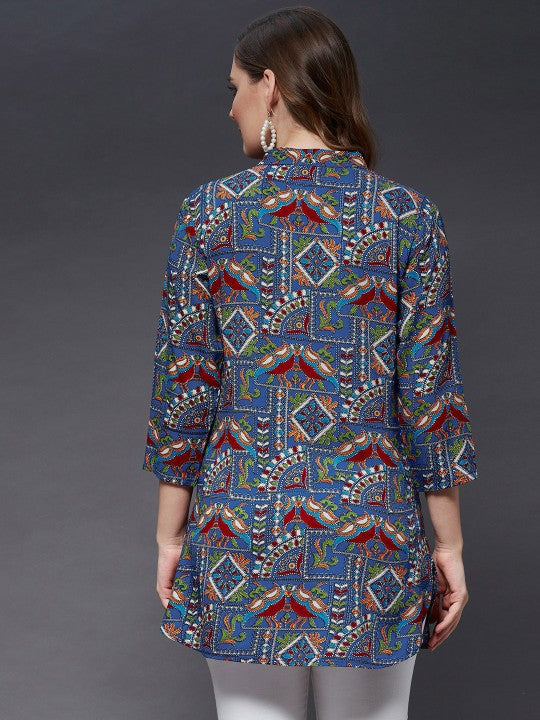 Women Blue & Maroon Viscose Rayon Mandarin Collar Printed Tunic-2