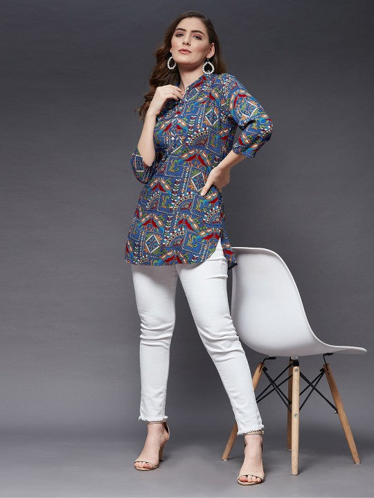 Women Blue & Maroon Viscose Rayon Mandarin Collar Printed Tunic