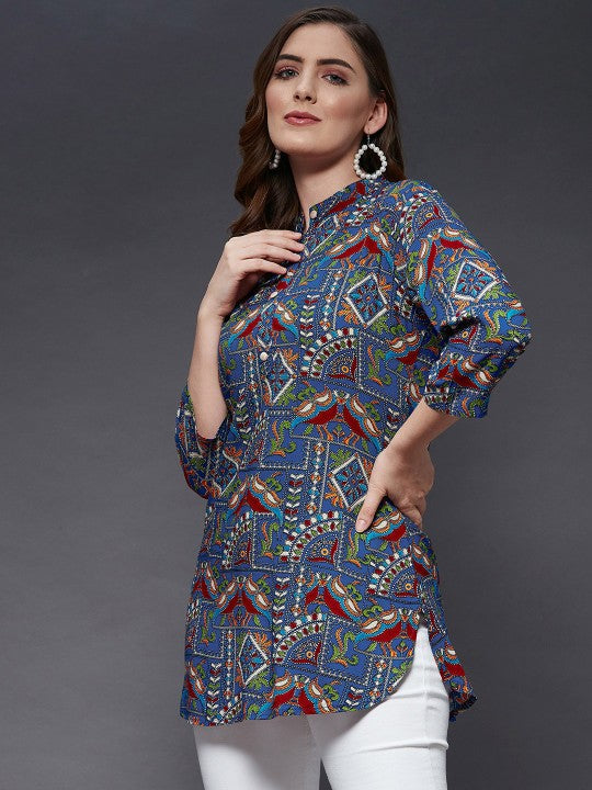 Women Blue & Maroon Viscose Rayon Mandarin Collar Printed Tunic-4
