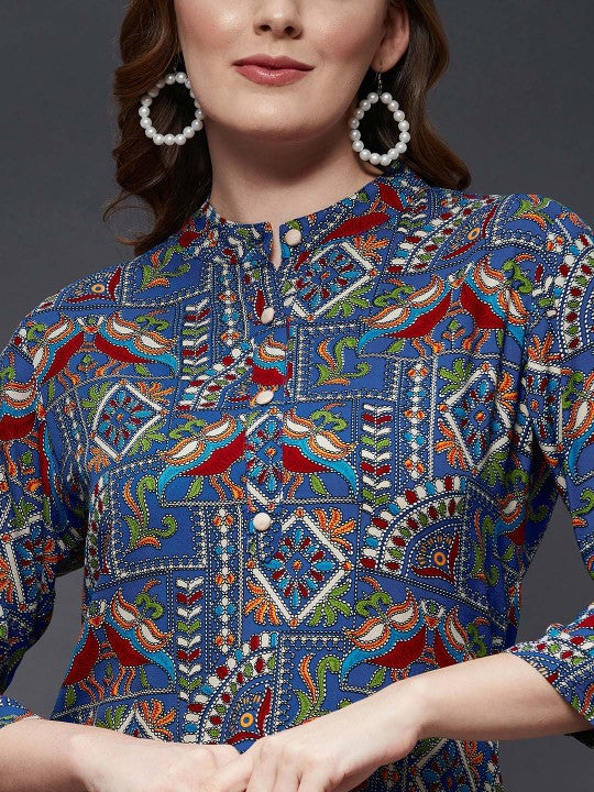 Women Blue & Maroon Viscose Rayon Mandarin Collar Printed Tunic-7