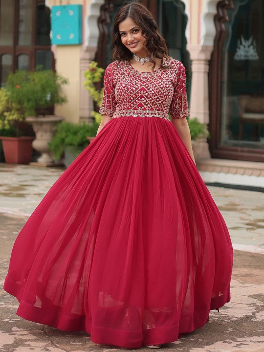 Women Embroidered Round Neck Maxi Ethnic Dresses