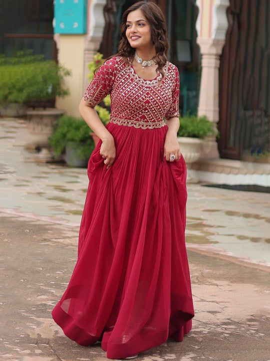 Women Embroidered Round Neck Maxi Ethnic Dresses-3