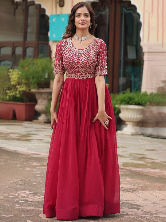 Women Embroidered Round Neck Maxi Ethnic Dresses-4