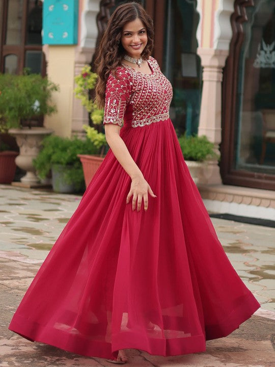 Women Embroidered Round Neck Maxi Ethnic Dresses-5