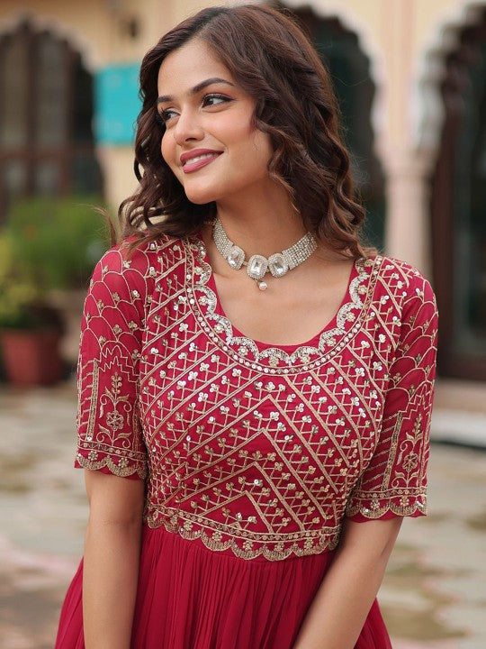 Women Embroidered Round Neck Maxi Ethnic Dresses