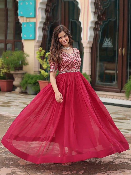 Women Embroidered Round Neck Maxi Ethnic Dresses