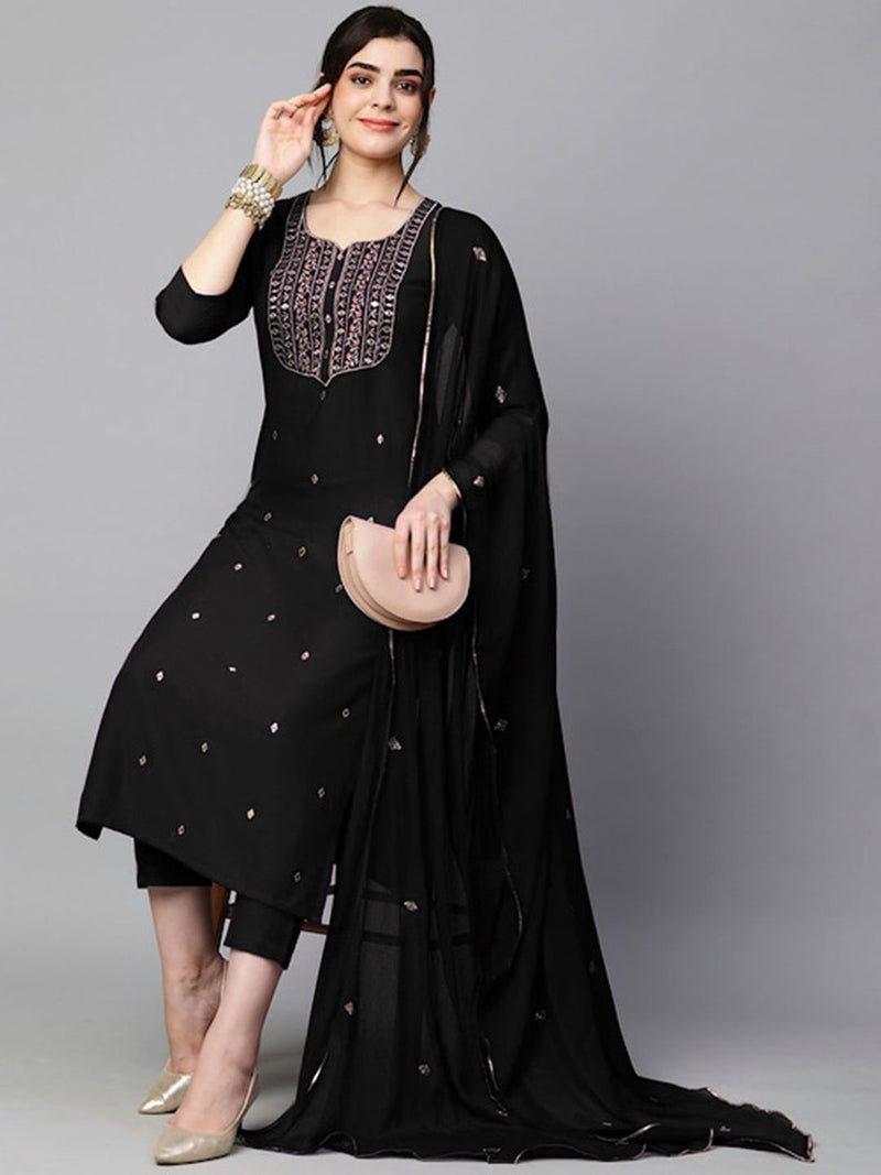 Women Ethnic Motifs Embroidered Regular Kurta With Trousers & Dupatta-1