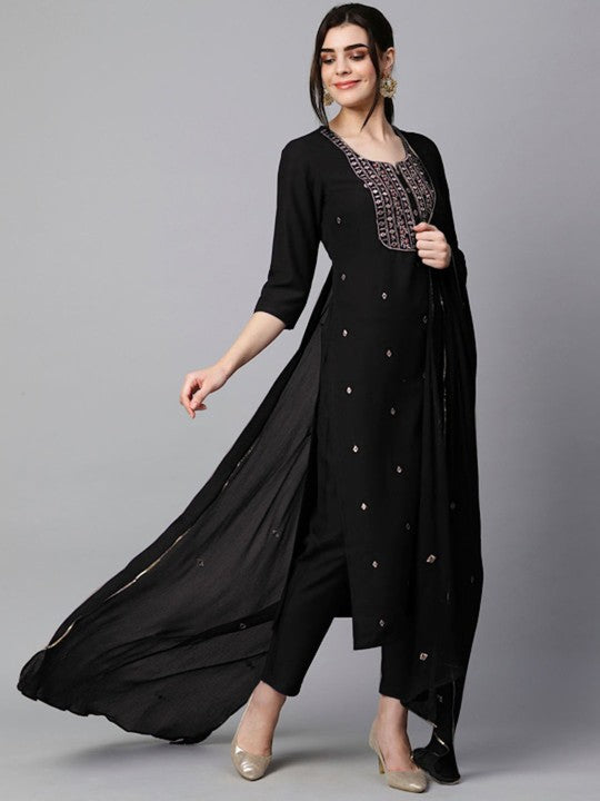 Women Ethnic Motifs Embroidered Regular Kurta With Trousers & Dupatta-3