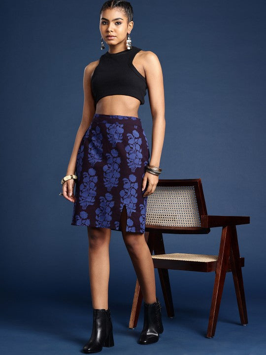 Women Floral Printed Side Slit Pure Cotton A-Line Bagh Skirt