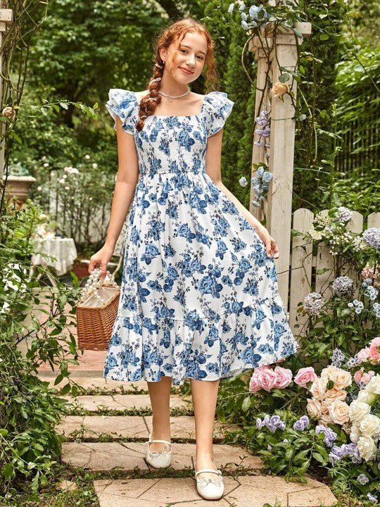 Women Floral Printed Square Neck Flutter Sleeve Fit and Flared Midi Dress-1