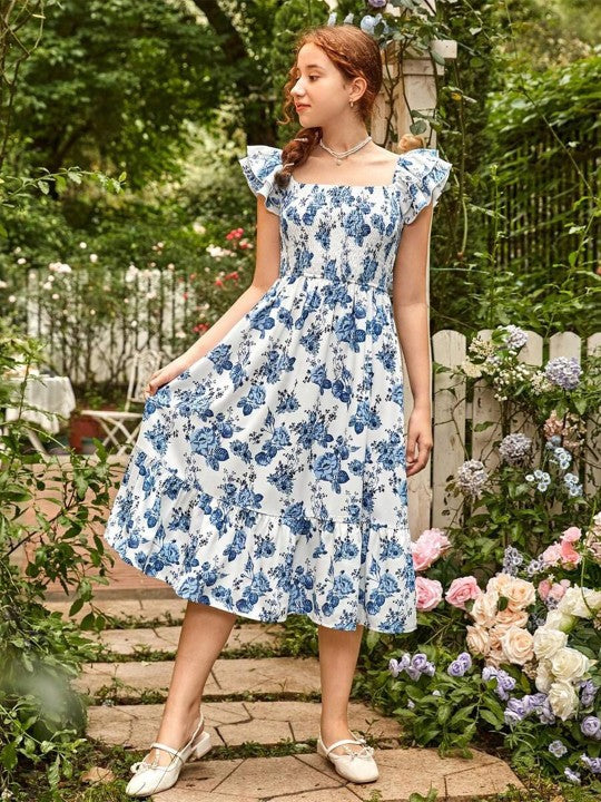 Women Floral Printed Square Neck Flutter Sleeve Fit and Flared Midi Dress