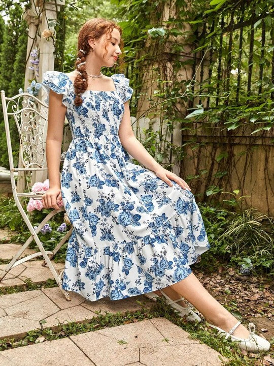 Women Floral Printed Square Neck Flutter Sleeve Fit and Flared Midi Dress
