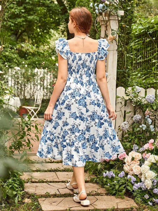 Women Floral Printed Square Neck Flutter Sleeve Fit and Flared Midi Dress-2