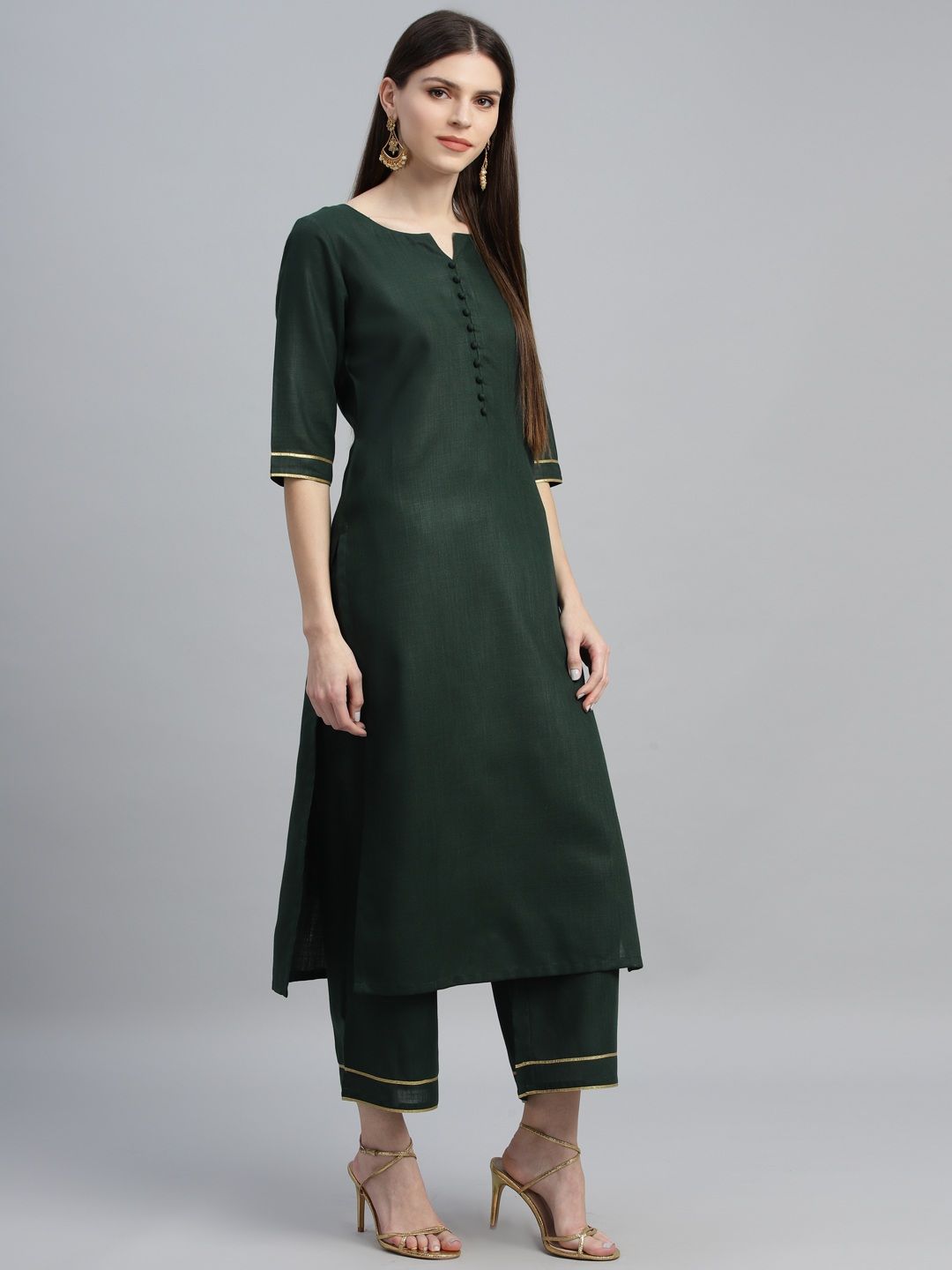 Women Green Pure Cotton Kurta with Palazzos & With Dupatta-4