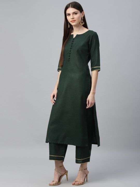 Women Green Pure Cotton Kurta with Palazzos & With Dupatta-5