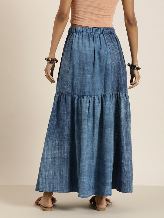 Women Indigo Denim Cotton-Linen Tiered Maxi Skirt-2