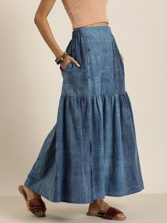 Women Indigo Denim Cotton-Linen Tiered Maxi Skirt-3