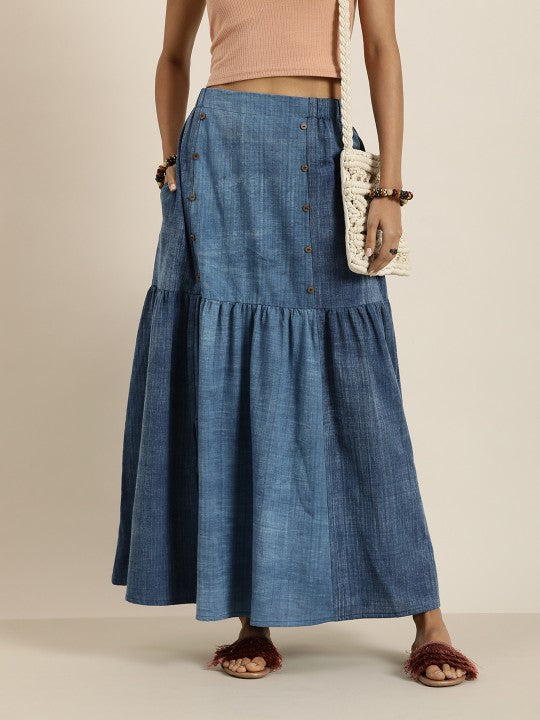 Women Indigo Denim Cotton-Linen Tiered Maxi Skirt-1