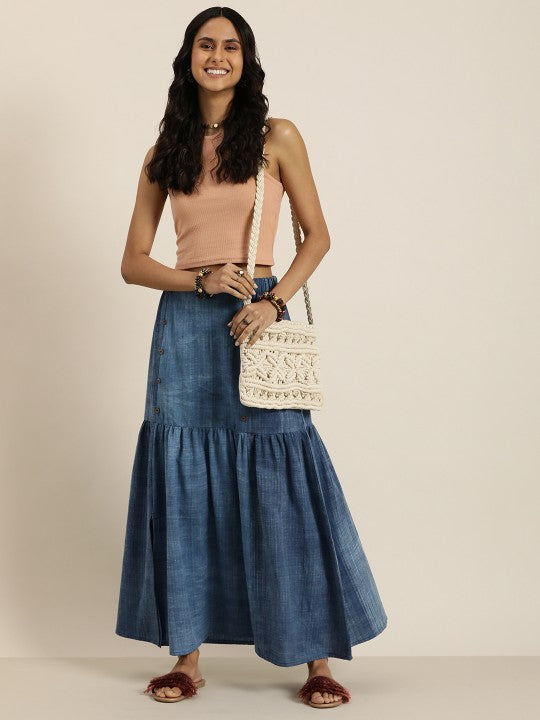 Women Indigo Denim Cotton-Linen Tiered Maxi Skirt